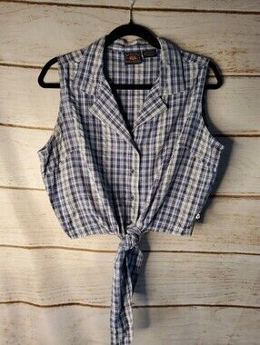 Route 66 Vintage Blue and White Plaid Tie-Front Crop Top